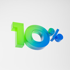 Transparent green and blue ten percent or 10 % isolated over white background. 3D rendering.