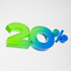 Transparent green and blue twenty percent or 20 % isolated over white background. 3D rendering.