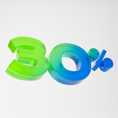 Transparent green and blue thirty percent or 30 % isolated over white background. 3D rendering.