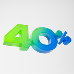 Transparent green and blue forty percent or 40 % isolated over white background. 3D rendering.