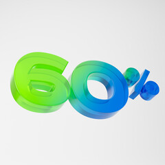 Transparent green and blue sixty percent or 60 % isolated over white background. 3D rendering.