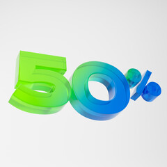 Transparent green and blue fifty percent or 50 % isolated over white background. 3D rendering.