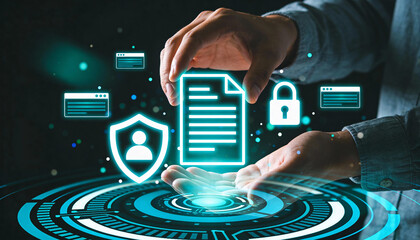 Futuristic cybersecurity concept with a human hand holding a glowing holographic digital document icon, shield with user profile symbol and padlock representing data protection and privacy, teal and b