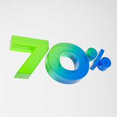 Transparent green and blue seventy percent or 70 % isolated over white background. 3D rendering.