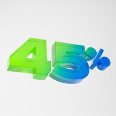 Transparent green and blue forty five percent or 45 % isolated over white background. 3D rendering.