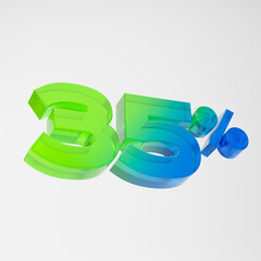 Transparent green and blue thirty five percent or 35 % isolated over white background. 3D rendering.