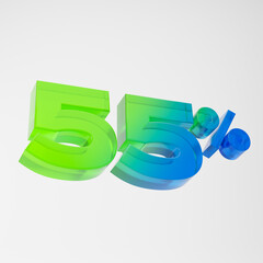 Transparent green and blue fifty five percent or 55 % isolated over white background. 3D rendering.