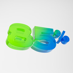 Transparent green and blue eighty five percent or 85 % isolated over white background. 3D rendering.