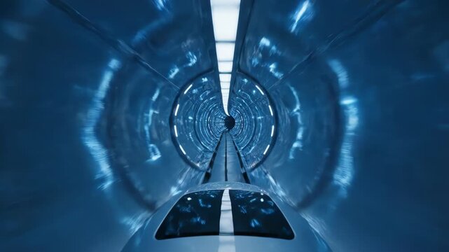 A futuristic train speeds through a glowing blue tunnel. Dynamic light patterns illuminate the high-tech, circular pathway.