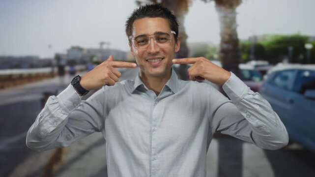 Young man smiling and pointing at himself on an urban street, wearing glasses and a watch, creating a lighthearted outdoor scene in a city environment with blurred background.