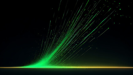 Vibrant Green Light Particles Exploding Upwards from a Yellow Horizon Line explosion energy