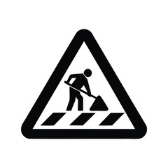 Road construction warning triangle silhouette vector illustration,Black and white vector illustration of a road construction warning triangle with a worker