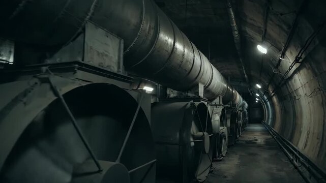 A long, dark industrial tunnel features a row of large fans. A massive pipe runs overhead, creating an eerie, mysterious atmosphere.