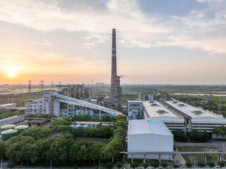 aerial view power station during sunset