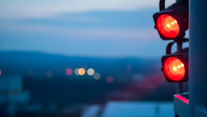 Evening rooftop lighting setup with colorful beams and scenic city view under fading sky