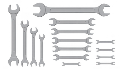 Set of assorted silver wrenches isolated on a transparent background