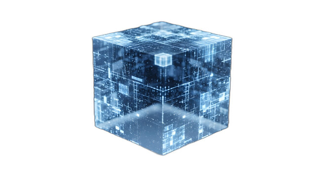 Holographic digital data cube featuring intricate luminous blue circuitry elements rotating slowly on transparent background