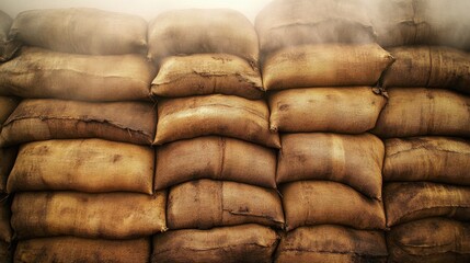 A large pile of worn and damp burlap sacks stacked together with visible texture