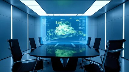 A futuristic meeting room features a holographic architectural blueprint. Digital data and wireframe models are displayed on the large screen. - Powered by Adobe
