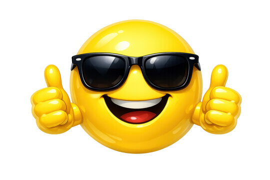 Yellow emoji face wearing sunglasses giving thumbs up, showing approval and positive feedback, transparent background
