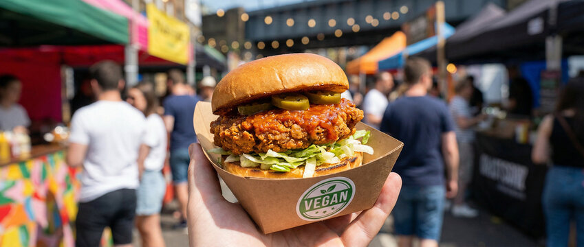 street-food style vegan burger made from textured soy protein, coated in spicy glaze, shredded lettuce and pickled jalape&ntilde;o, small cardboard tray with "VEGAN" sticker