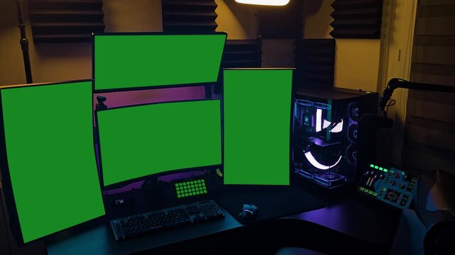 OBS Studio Streaming Setup with Multiple Green Screen Monitors in Gaming Room for Twitch