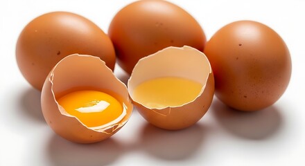 Close-up of fresh brown chicken eggs, with one cracked open revealing a vibrant yellow yolk and clear egg white, presented on a clean white background, ready for baking or a healthy breakfast meal