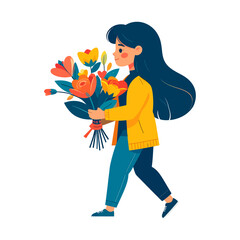 Happy Young Woman Walking with a Vibrant Bouquet of Colorful Flowers