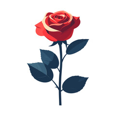 Vibrant Red Rose Illustration with Dark Leaves on White Background
