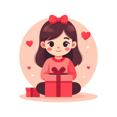 Happy Cartoon Girl with Red Bow Opening Gift Box for Valentines Celebration
