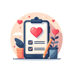 Wellness Checklist with Heart Symbol, Pencil, and Decorative Plants