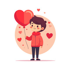 Happy Young Boy Holding a Red Heart Balloon on a Love themed Background