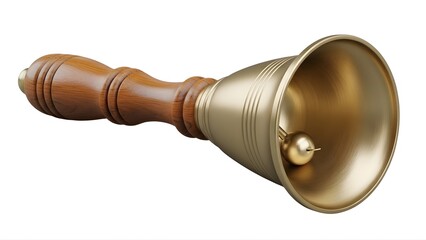 A brass bell with a wooden handle on a transparent background