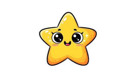 Adorable bright yellow cartoon smiling star character with large cute eyes and sparkling highlights on transparent background