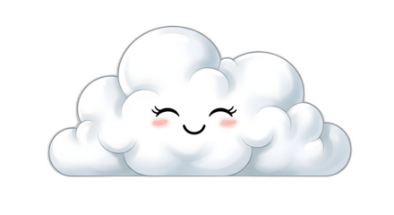 Adorable kawaii white cartoon cloud character with blushing cheeks and a sweet smiling expression on transparent background