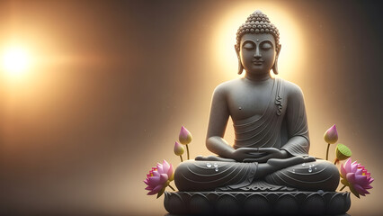 Tranquil Buddha sculpture with floral offerings and soft outdoor background for mindfulness and peace