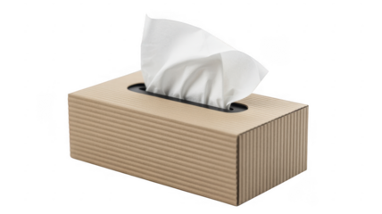 Wooden tissue box with white tissues brown ribbed rectangular isolated on a transparent background
