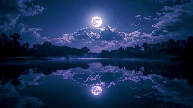 Full Moon Over Calm Lake with Cloudy Night Sky and Perfect Reflection Creating Peaceful Nocturnal Landscape and Serene Natural Mood