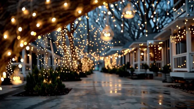 Tree branches adorned with glowing string lights create a magical ambiance as they hang over a path. the wet ground reflects the twinkling lights, adding a festive and serene atmosphere perfect for wi