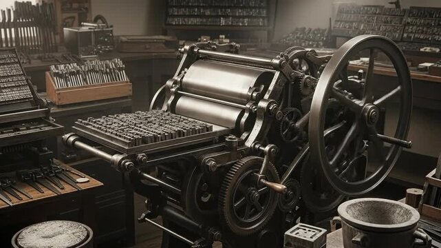 Vintage printing press machine with intricate gears and rollers in a workshop setting.