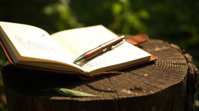 An open notebook and pen rest on a rustic tree stump. Sunlight illuminates the pages, inviting peaceful reflection in nature.