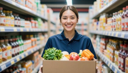 Smiling female grocery worker organizing fresh produce in a store aisle bright and welcoming environment for customers