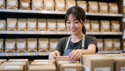 Smiling female worker organizing grocery products in a shop bright and inviting store environment engaging viewpoint on daily operations
