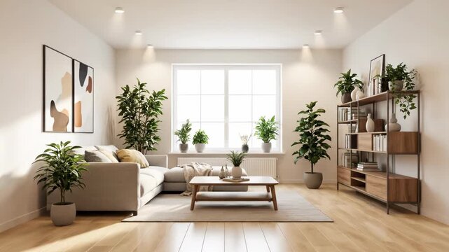 An empty room transforms into a stylish, plant-filled living space. Modern furniture and decor create a warm, inviting home interior.