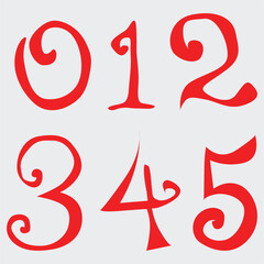 Red Curly Handwritten Numbers 0-5