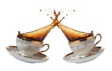Tea cups with splashing liquid saucers gold white isolated on a transparent background
