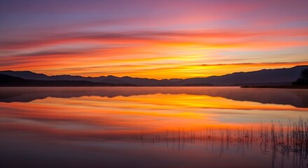 Vibrant Sunset over Serene Lake with Mountain Range in Distance, Reflection of Colorful Sky