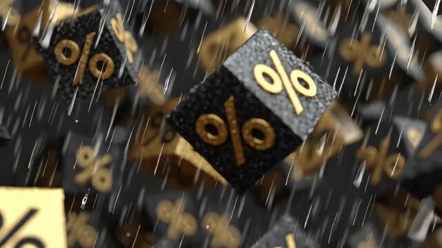 Dynamic image featuring black textured blocks with prominent golden percentage symbols amid falling rain. the shiny surface and water droplets emphasize a financial theme, symbolizing market unpredict