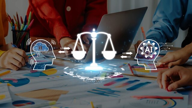 This image illustrates the intersection of law and technology, highlighting the balance of human intellect and artificial intelligence in the pursuit of modern justice. Raster