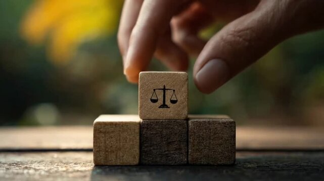 A close-up shot features a human hand carefully placing a small wooden cube, embossed with the iconic scales of justice symbol, onto a stack of similar blocks. The warm, blurred background provides a 